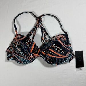 RELLECIGA Paisley Print Push Up Bikini‎ Top - Black & Orange NWT Size Medium